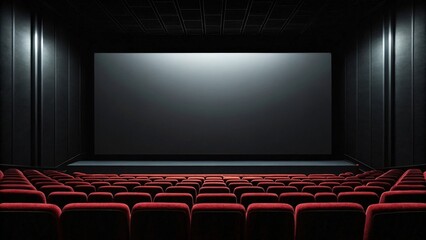 Fototapeta premium an empty movie theater with red seats and a large screen. The theater is dimly lit, creating a dramatic and inviting atmosphere.