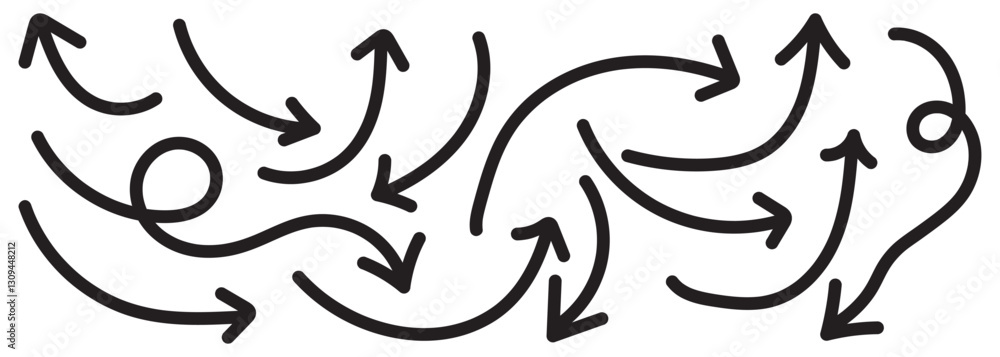 Poster set of simple lines hand drawn black arrows in various style. set of simple of hand drawn black arro
