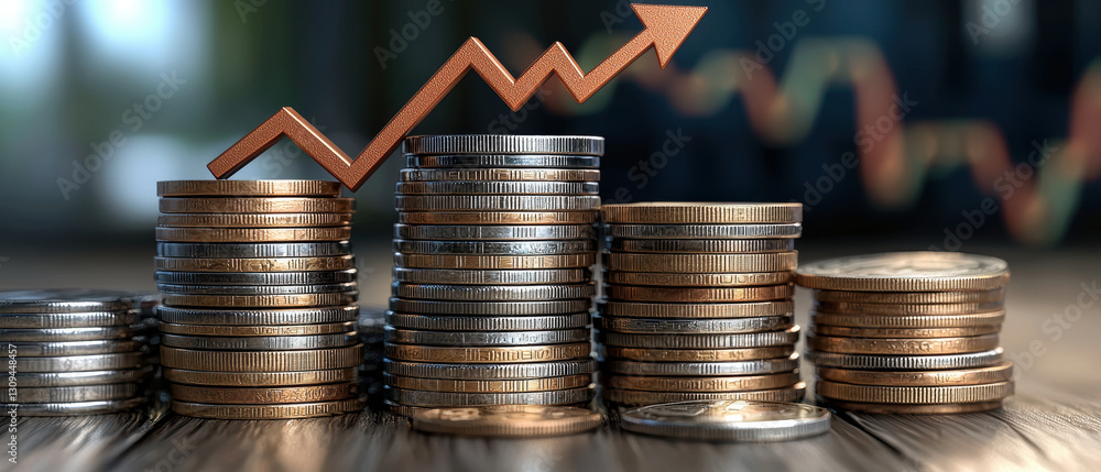 Poster stack of coins with rising arrow symbolizing wealth growth and financial success. image conveys sens