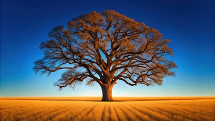a majestic, sprawling tree stands proudly against a vibrant sky, creating a captivating image of nature's resilience and beauty