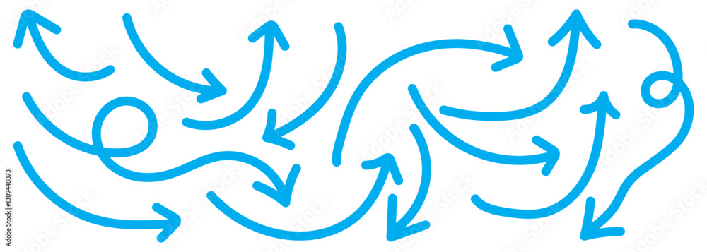 Poster set of simple lines hand drawn blue arrows in various style. set of simple of hand drawn blue arrows