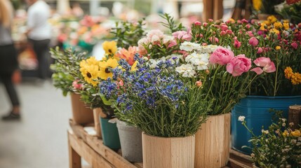 Vibrantly arranged bunch of fresh flowers displayed on a table at a market stall creating a bright and cheerful atmosphere