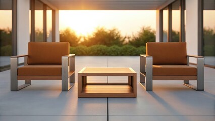 two modern chairs and a table set in a patio. the sunlight is coming through from the outside 