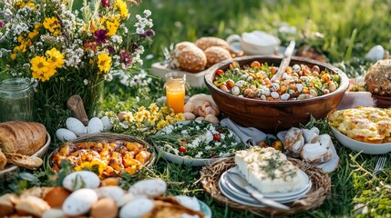 Fototapeta premium A festive outdoor Easter picnic with an array of dishes, flowers, and decorated eggs arranged on a grassy field. 