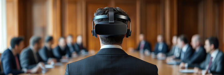 man wearing virtual reality headset in conference room, engaged in meeting with colleagues. atmosphere is professional and focused