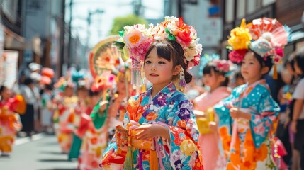 Fototapeta premium Young asian girls in traditional colorful kimonos at vibrant cultural festival parade