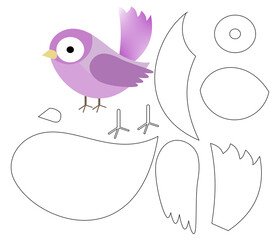 Isolated lilac bird for cricut, silhouette, laser cutting, paper, felt, fabric, school, decoration, 