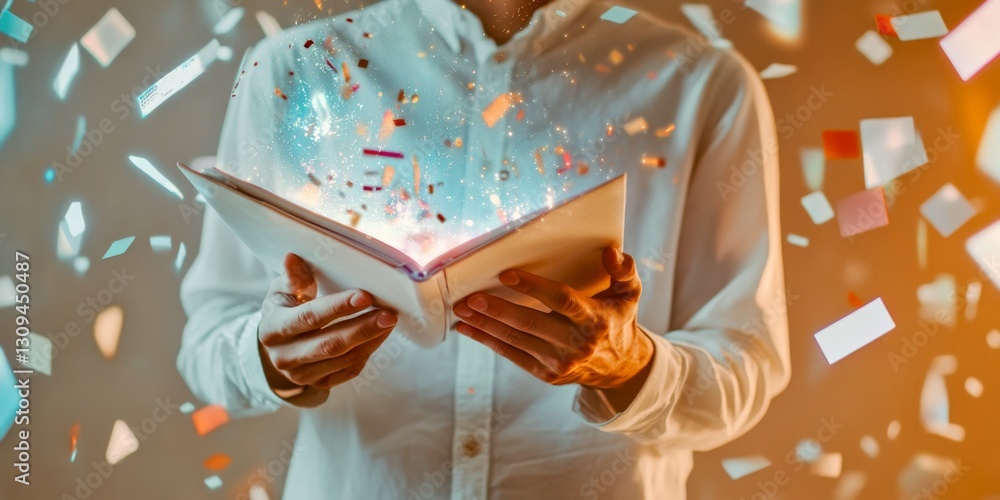 Poster a person holding an open book with colorful elements floating around. the image captures a magical a