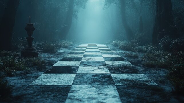 Foggy chessboard path in mystical forest
