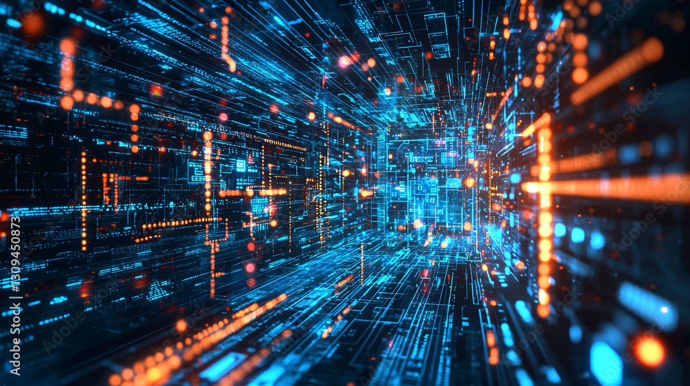 Poster abstract digital data stream tunnel futuristic technology background image 3d code blue cyber lines