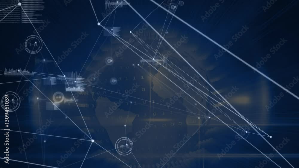 Poster network of connections and data processing animation over globe background