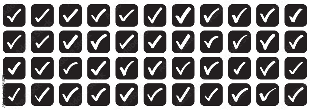 Poster black check mark and red cross icon set, circle and square. tick symbol in black color. hand drawn c