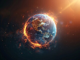 A fiery digital rendering of planet Earth, engulfed in flames. A dramatic visualization of climate change and environmental concerns.