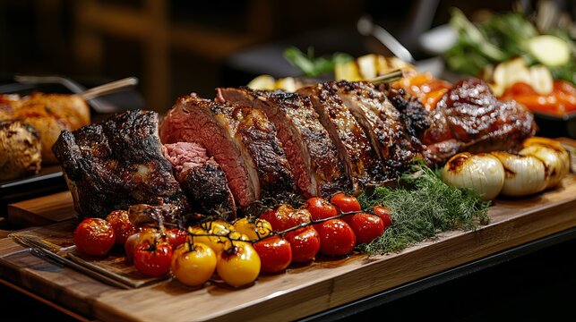 Delicious Roasted Prime Rib Beef Slices Gourmet Food Buffet Restaurant Dinner Party Elegant Premium Cut Meat Appetizer High Quality Image BBQ Meal    
