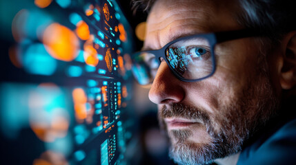 focused man with glasses analyzing digital data on screen, showcasing technology and concentration. vibrant colors reflect modern workspace