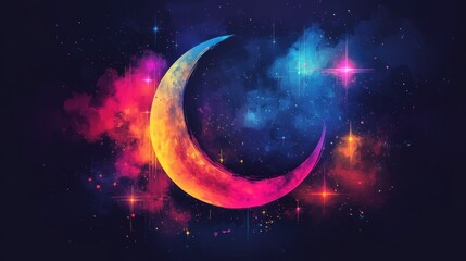 A Vibrant Cosmic Display Featuring a Colorful Crescent Moon Against a Stellar Background