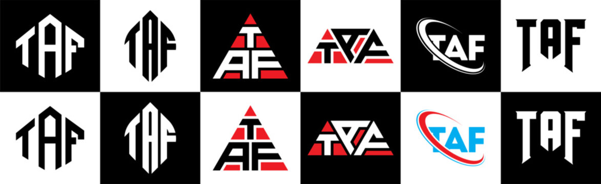 TAF letter logo design in six style. TAF polygon, circle, triangle, hexagon, flat and simple style with black and white color variation letter logo set in one artboard. TAF minimalist and classic logo