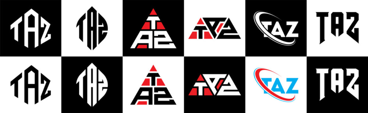 TAZ letter logo design in six style. TAZ polygon, circle, triangle, hexagon, flat and simple style with black and white color variation letter logo set in one artboard. TAZ minimalist and classic logo