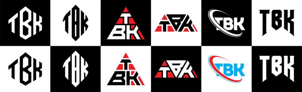 TBK letter logo design in six style. TBK polygon, circle, triangle, hexagon, flat and simple style with black and white color variation letter logo set in one artboard. TBK minimalist and classic logo