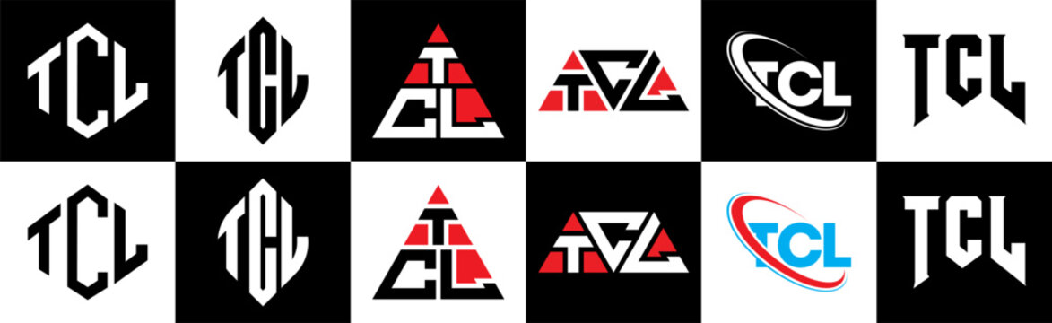 TCL letter logo design in six style. TCL polygon, circle, triangle, hexagon, flat and simple style with black and white color variation letter logo set in one artboard. TCL minimalist and classic logo