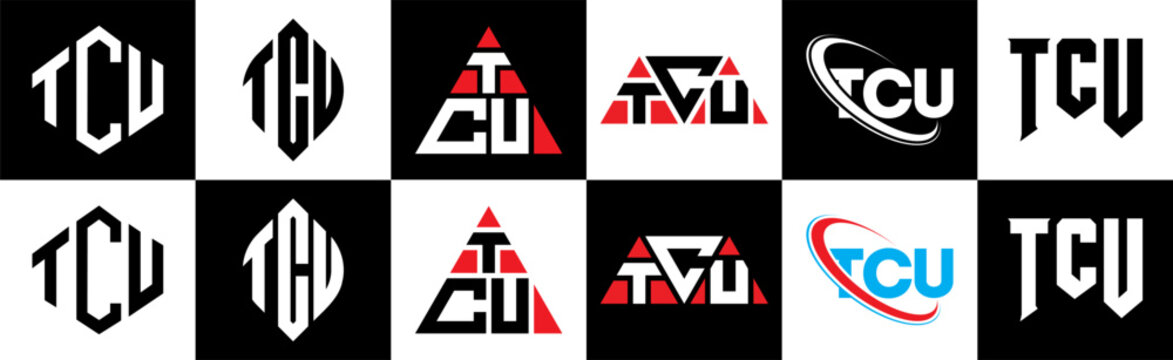 TCU letter logo design in six style. TCU polygon, circle, triangle, hexagon, flat and simple style with black and white color variation letter logo set in one artboard. TCU minimalist and classic logo