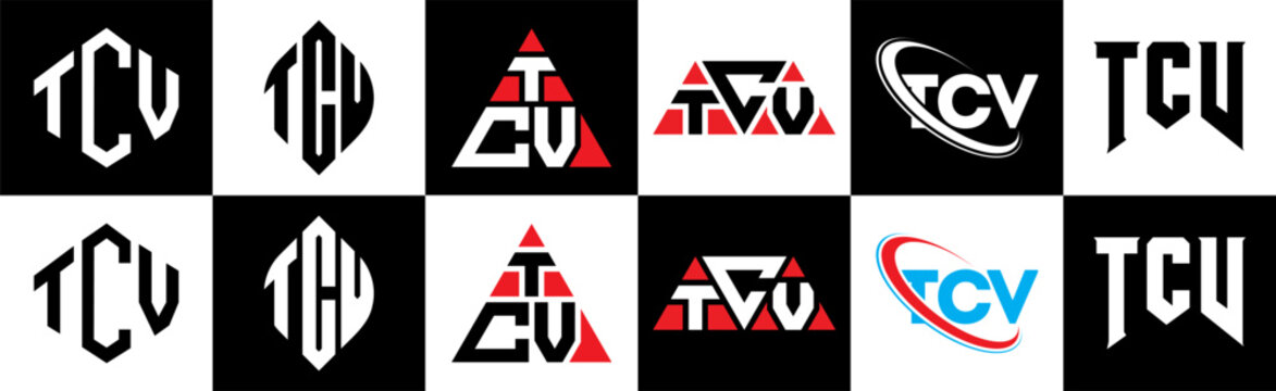 TCV letter logo design in six style. TCV polygon, circle, triangle, hexagon, flat and simple style with black and white color variation letter logo set in one artboard. TCV minimalist and classic logo