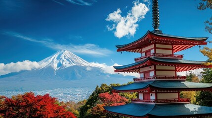 Obraz premium Japan's famous Chureito Pagoda with Mount Fuji in the background, perfect postcard view