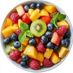 Obraz premium Colorful fruit salad with fresh berries and tropical fruits in a white bowl