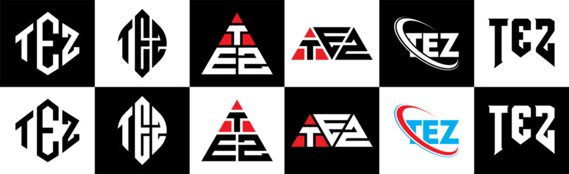 TEZ letter logo design in six style. TEZ polygon, circle, triangle, hexagon, flat and simple style with black and white color variation letter logo set in one artboard. TEZ minimalist and classic logo