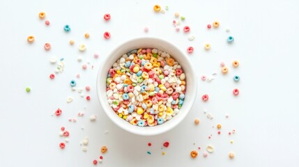 Colorful cereal bowl full of multicolored loops on white background
