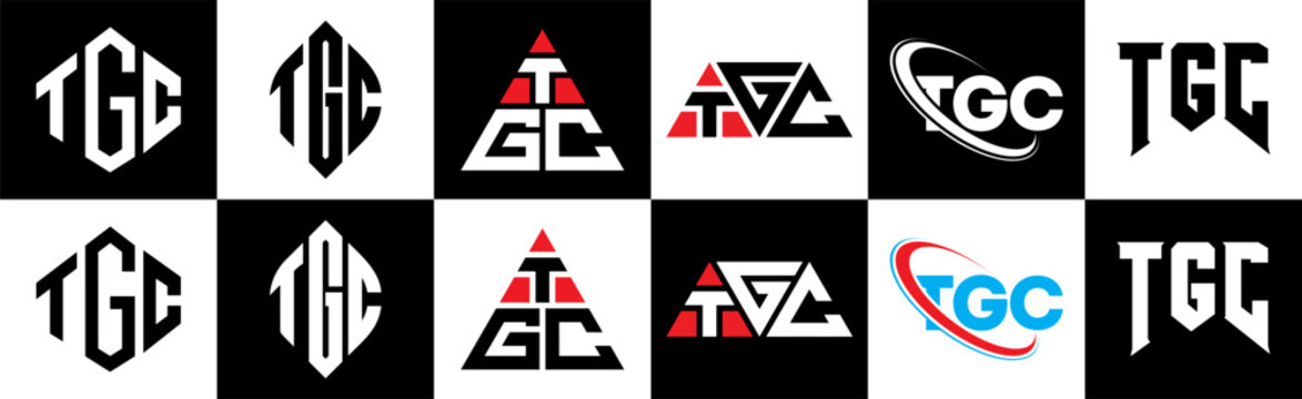 TGC letter logo design in six style. TGC polygon, circle, triangle, hexagon, flat and simple style with black and white color variation letter logo set in one artboard. TGC minimalist and classic logo
