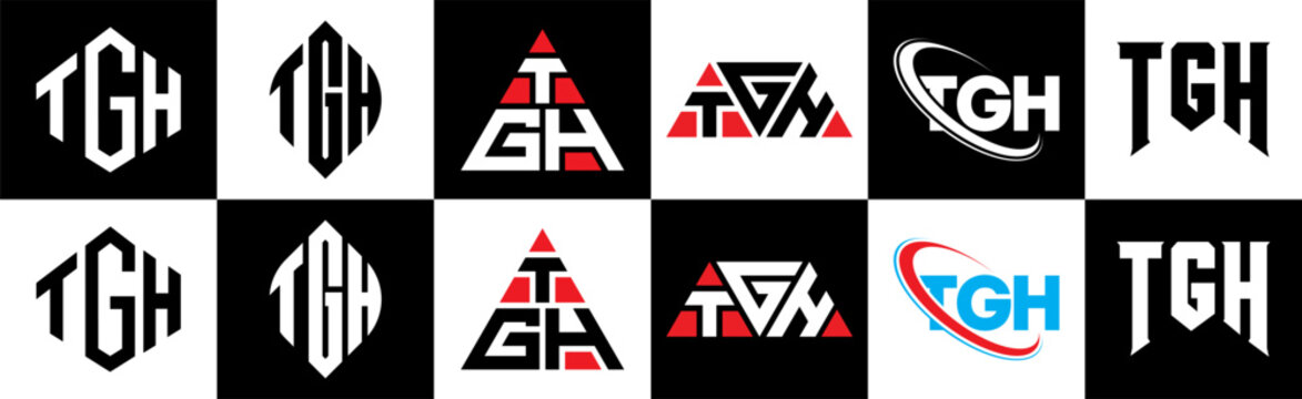 TGH letter logo design in six style. TGH polygon, circle, triangle, hexagon, flat and simple style with black and white color variation letter logo set in one artboard. TGH minimalist and classic logo