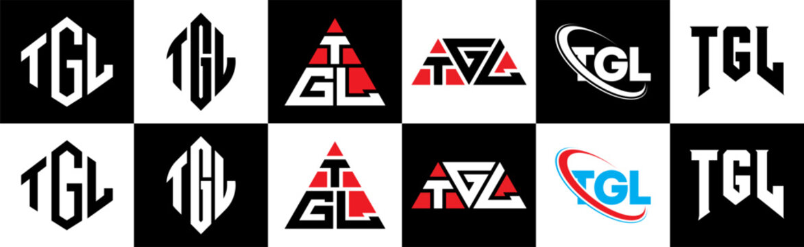TGL letter logo design in six style. TGL polygon, circle, triangle, hexagon, flat and simple style with black and white color variation letter logo set in one artboard. TGL minimalist and classic logo