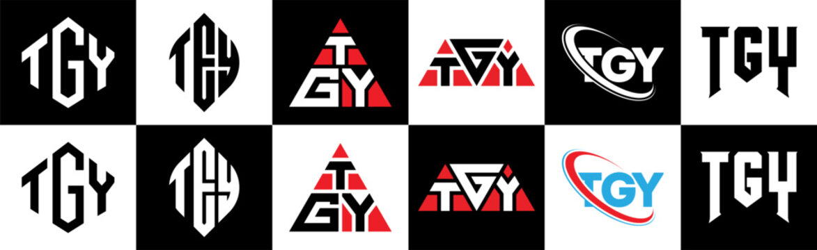 TGY letter logo design in six style. TGY polygon, circle, triangle, hexagon, flat and simple style with black and white color variation letter logo set in one artboard. TGY minimalist and classic logo