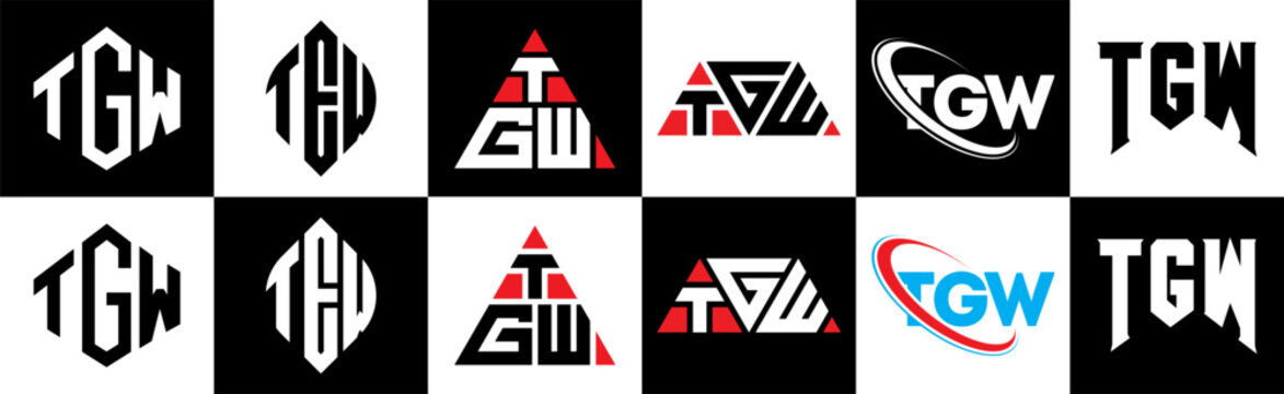 TGW letter logo design in six style. TGW polygon, circle, triangle, hexagon, flat and simple style with black and white color variation letter logo set in one artboard. TGW minimalist and classic logo