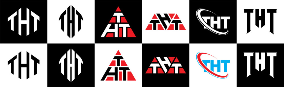 THT letter logo design in six style. THT polygon, circle, triangle, hexagon, flat and simple style with black and white color variation letter logo set in one artboard. THT minimalist and classic logo