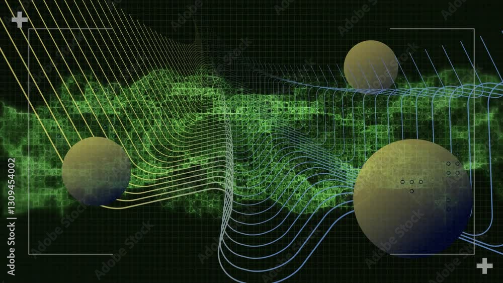 Poster animation of green grid with spheres and lines forming dynamic wave pattern
