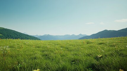 Fototapeta premium Serene Austrian Landscape with Vibrant Green Meadow and Majestic Mountains Under Clear Blue Sky, Ideal Sunny Summer Day Scenery