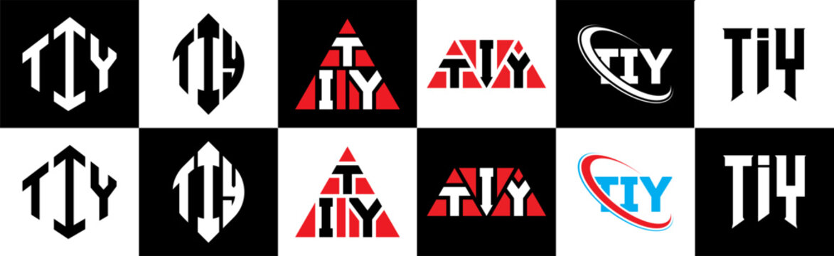 TIY letter logo design in six style. TIY polygon, circle, triangle, hexagon, flat and simple style with black and white color variation letter logo set in one artboard. TIY minimalist and classic logo