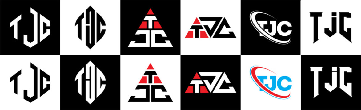 TJC letter logo design in six style. TJC polygon, circle, triangle, hexagon, flat and simple style with black and white color variation letter logo set in one artboard. TJC minimalist and classic logo