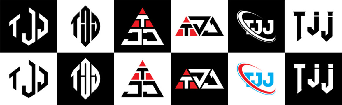 TJJ letter logo design in six style. TJJ polygon, circle, triangle, hexagon, flat and simple style with black and white color variation letter logo set in one artboard. TJJ minimalist and classic logo