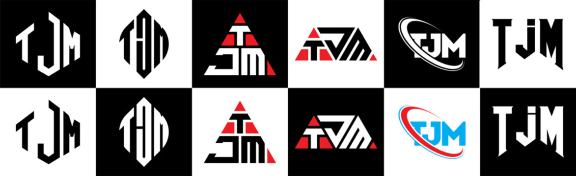 TJM letter logo design in six style. TJM polygon, circle, triangle, hexagon, flat and simple style with black and white color variation letter logo set in one artboard. TJM minimalist and classic logo