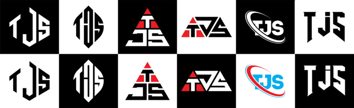 TJS letter logo design in six style. TJS polygon, circle, triangle, hexagon, flat and simple style with black and white color variation letter logo set in one artboard. TJS minimalist and classic logo
