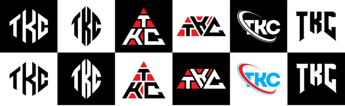 TKC letter logo design in six style. TKC polygon, circle, triangle, hexagon, flat and simple style with black and white color variation letter logo set in one artboard. TKC minimalist and classic logo