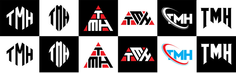 TMH letter logo design in six style. TMH polygon, circle, triangle, hexagon, flat and simple style with black and white color variation letter logo set in one artboard. TMH minimalist and classic logo