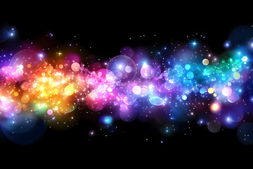 Abstract colorful glowing lights and sparkles on black background.