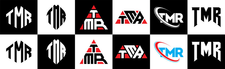 TMR letter logo design in six style. TMR polygon, circle, triangle, hexagon, flat and simple style with black and white color variation letter logo set in one artboard. TMR minimalist and classic logo