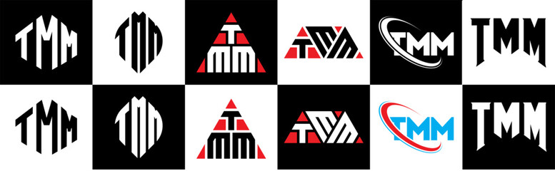 Obraz premium TMM letter logo design in six style. TMM polygon, circle, triangle, hexagon, flat and simple style with black and white color variation letter logo set in one artboard. TMM minimalist and classic logo