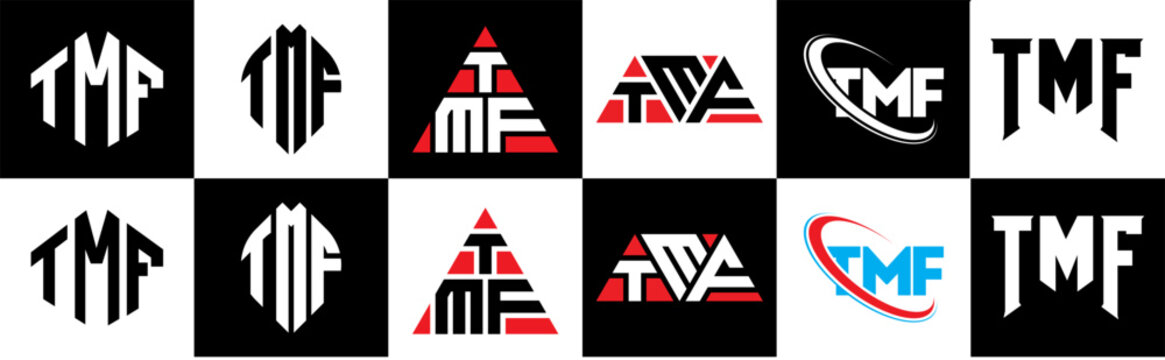 TMF letter logo design in six style. TMF polygon, circle, triangle, hexagon, flat and simple style with black and white color variation letter logo set in one artboard. TMF minimalist and classic logo