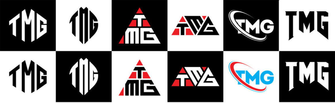 TMG letter logo design in six style. TMG polygon, circle, triangle, hexagon, flat and simple style with black and white color variation letter logo set in one artboard. TMG minimalist and classic logo
